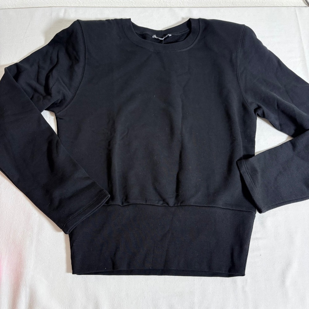 Zara shoulder pad Sweatshirt Size Medium Black Wide Ribbed Hem 100% Cotton new